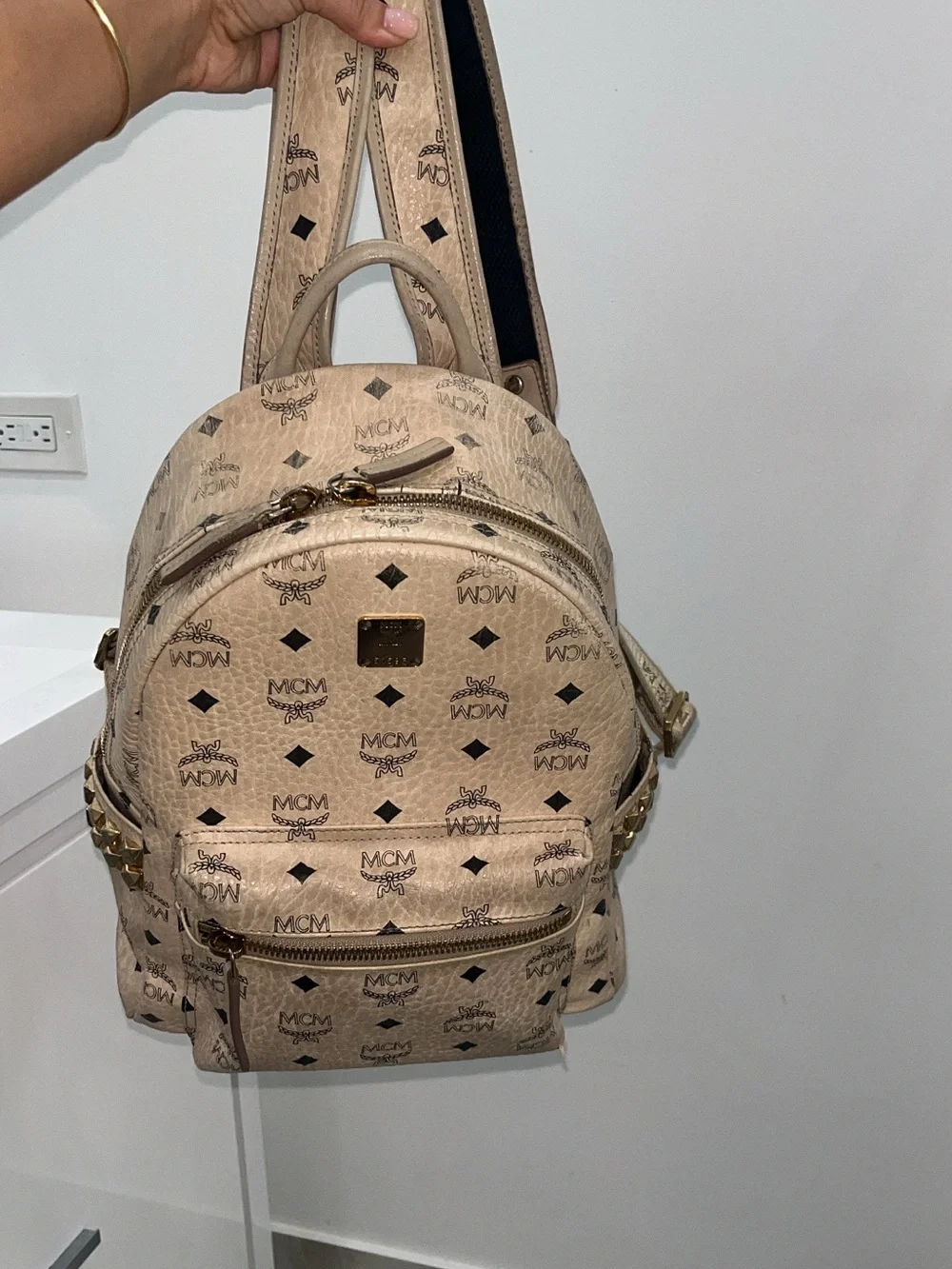 MCM Beige Logo Visetos Mini Backpack with Gold Hardware
